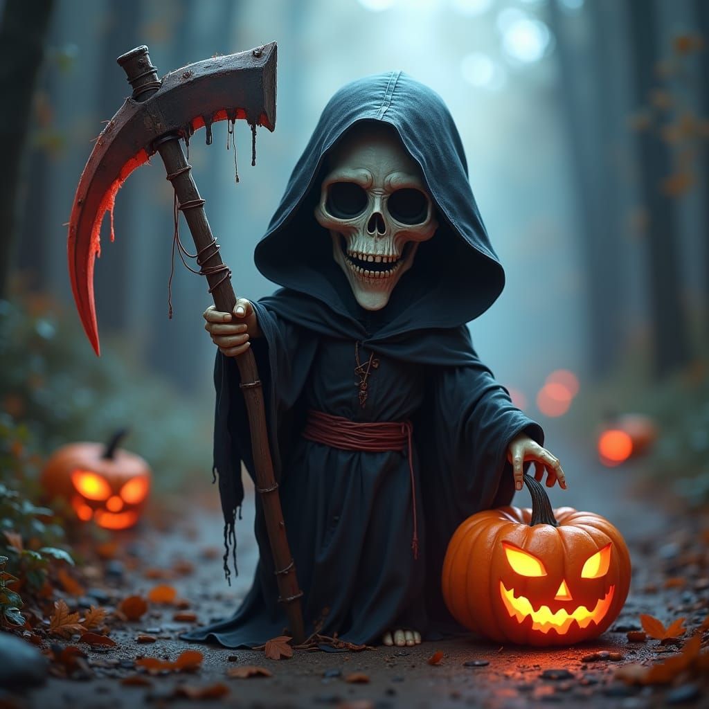 Show me a Halloween chibi grim reaper  by @Jerri