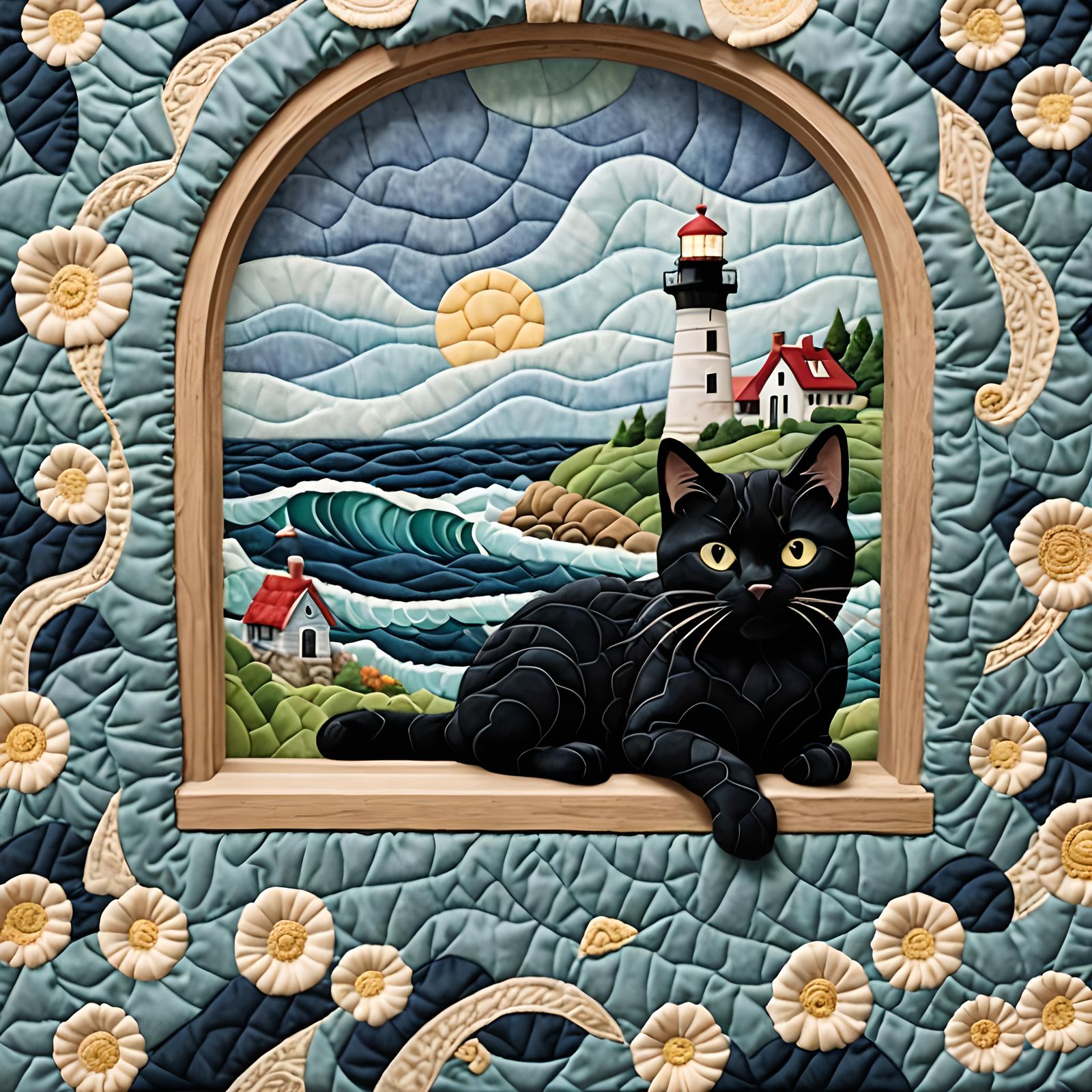 Quilt with cat in the window and lighthouse   by @Lisi