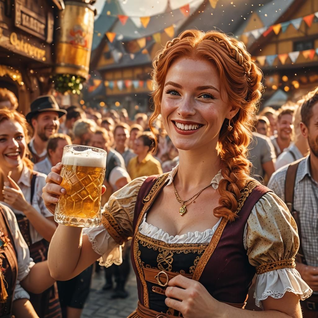 A young adorable redhead lady dressed in a traditionsl bavarian dress is drinking a mug kf beer during ...  by @Physarium