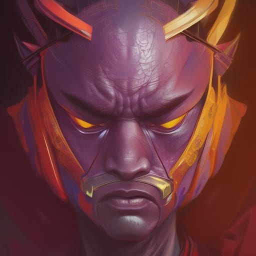 Samurai Genius Purple red grey creature with yellow eyes