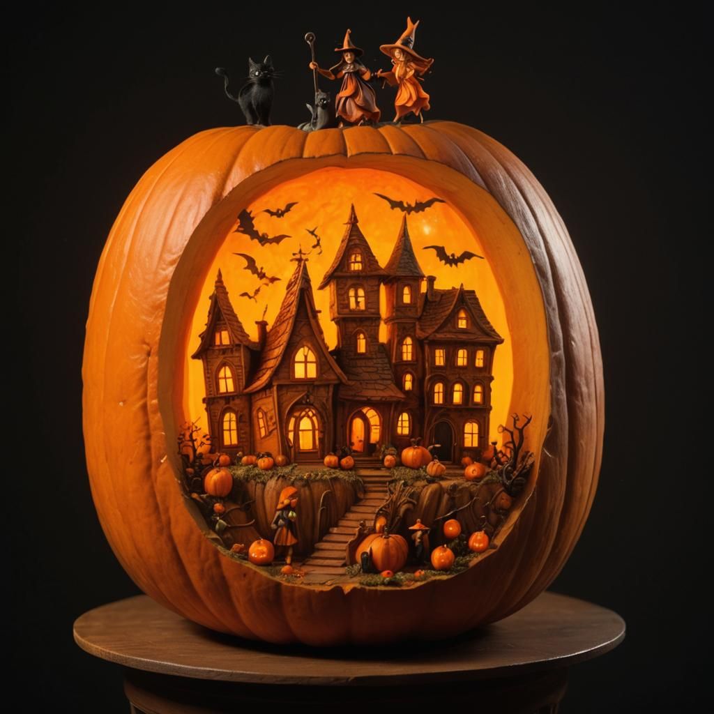 A miniature house inside a carved pumpkin 