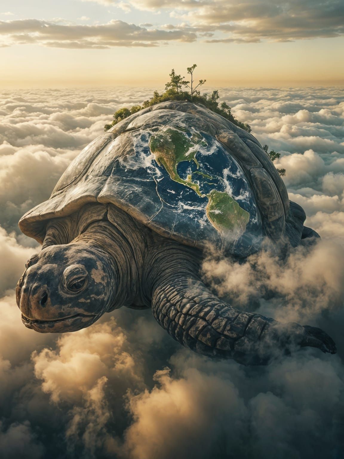 Create a movie scene of a massive cosmic turtle slowly moving through drifting clouds at golden hour. Its ancient, highly textured shell sea...