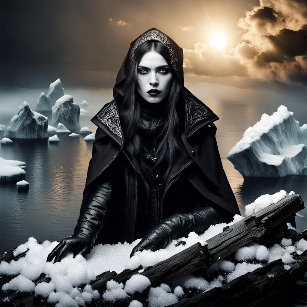 female goth fashion model. snow. ice. icebergs. fog. smoke. ...