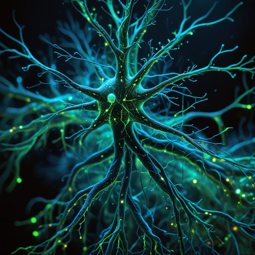Vibrant Green Neurons in a Bioluminescent Brain Landscape