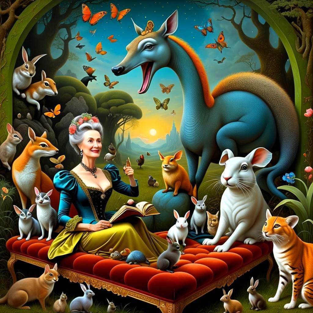 Happy Lady with Animals in Surreal Landscape