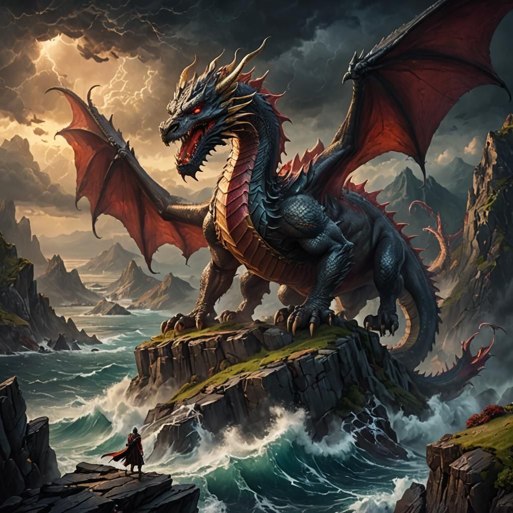 Majestic Dragon Overlooking Stormy Sea in Fantasy Landscape