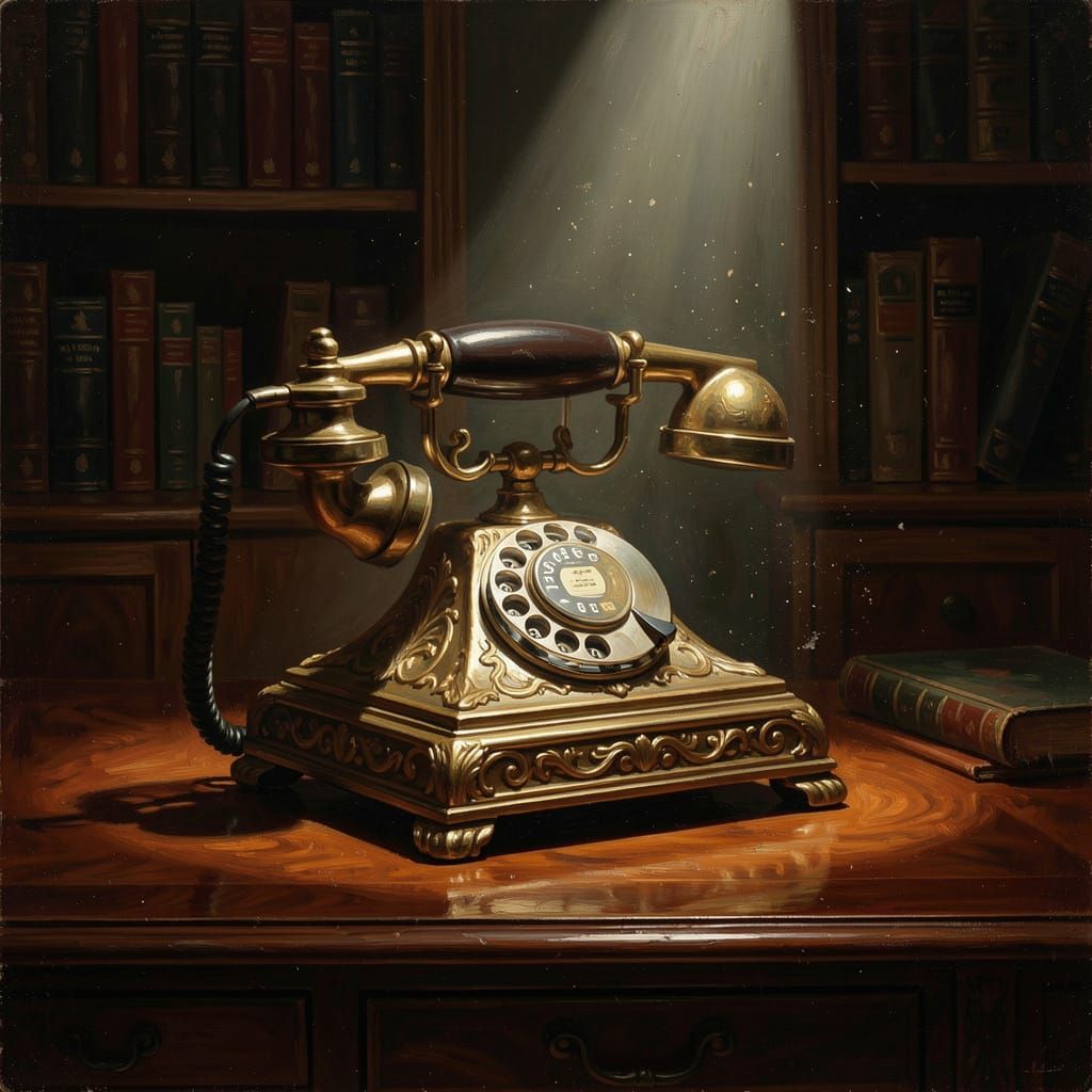 Vintage Rotary Phone on Mahogany Desk in Dramatic Light