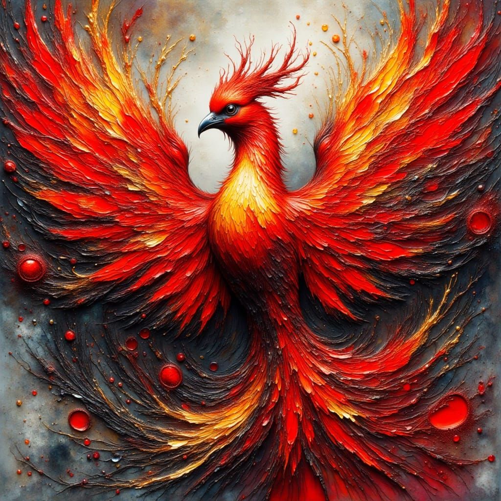 <lora:Ink splatter style:1.0> <lora:PR AlcoholWCGlass:1.0> <lora:Empaste:1.0> <lora:Impax v2:1.0> Abstract phoenix form in ruby red and crim...