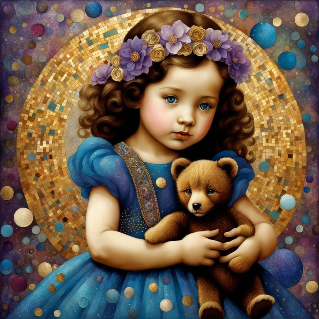 Style of Catrin Welz-Stein and Arthur Szyk. Mosaic style. confetti collage style. Beautiful child with teddy bear in blues and hues of p...