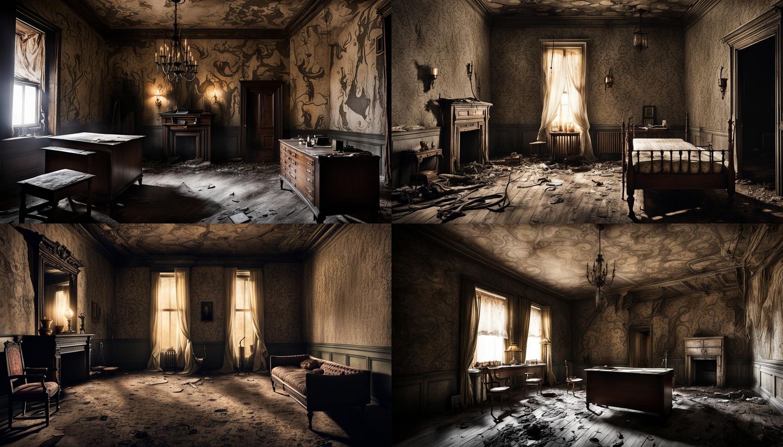 The room is bathed in dim, flickering light, with only a few feeble