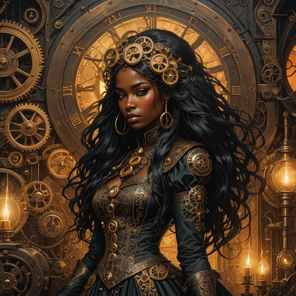 Beautiful black girl with long black hair, steampunk dressed dramatic gothic background 