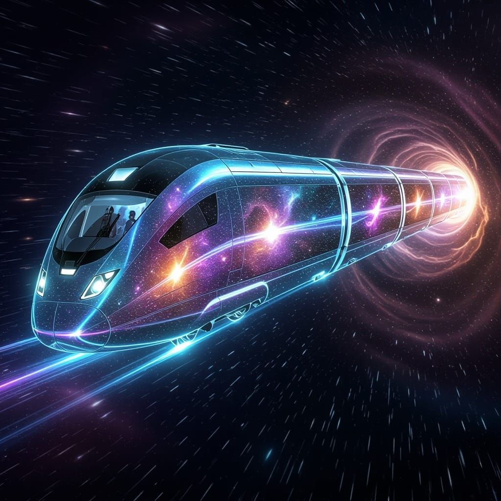  A sleek, transparent cucumber shape vessel, its transparent hull composed of stardust and nebula gas, emerges from a swirling wormhole in t...