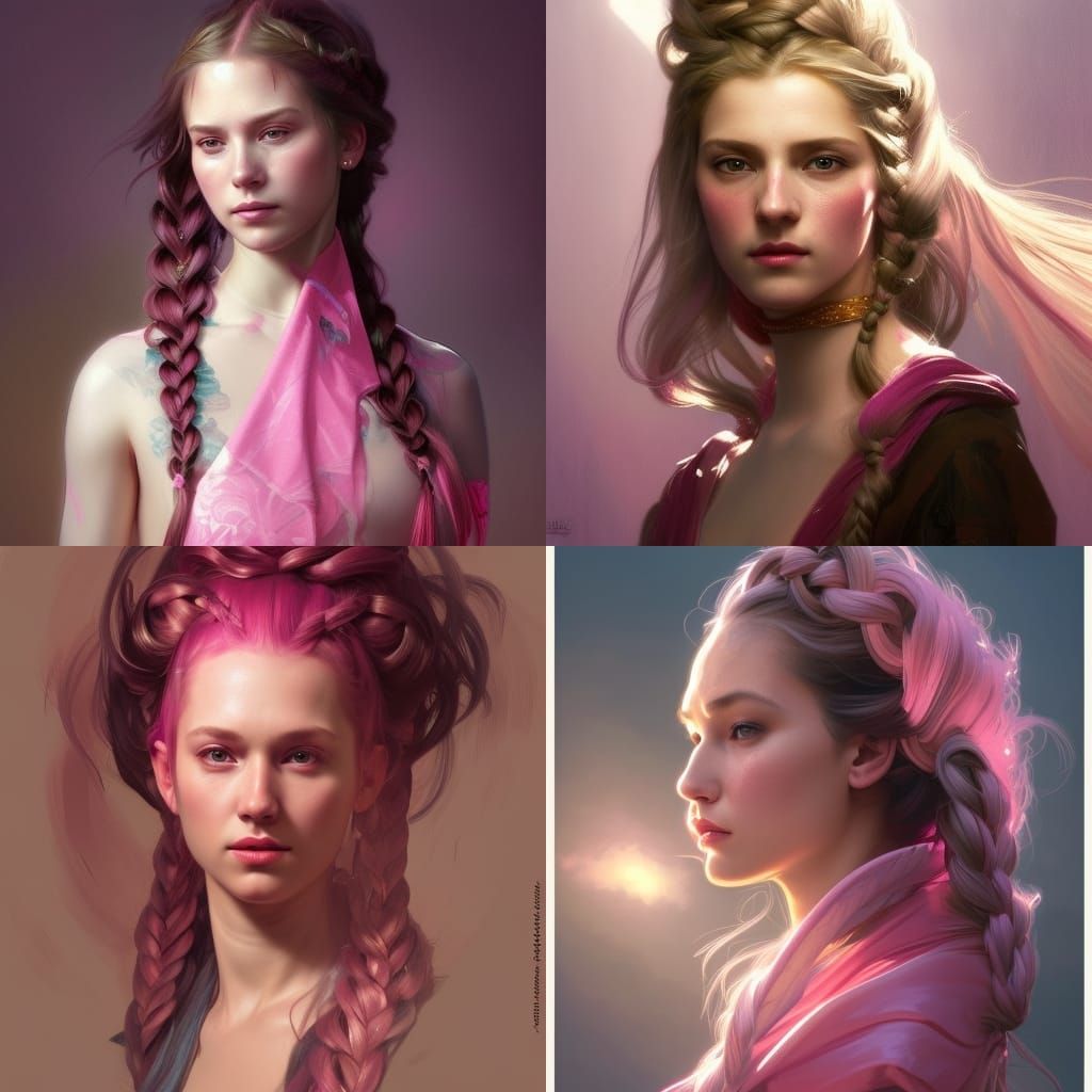 Pink Braided Woman: Hyperdetailed Portrait in Art Nouveau St...