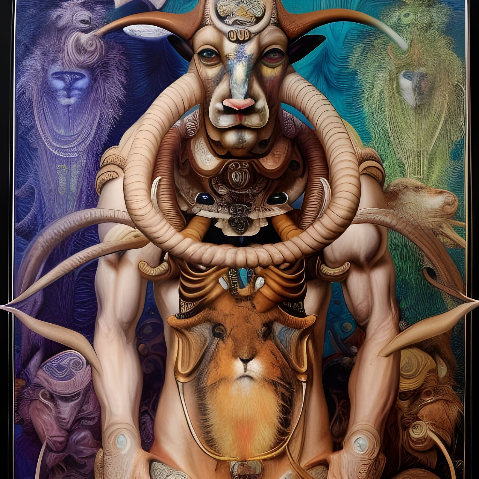 Detailed Portrait of Man and Ram in Hyperrealistic Style