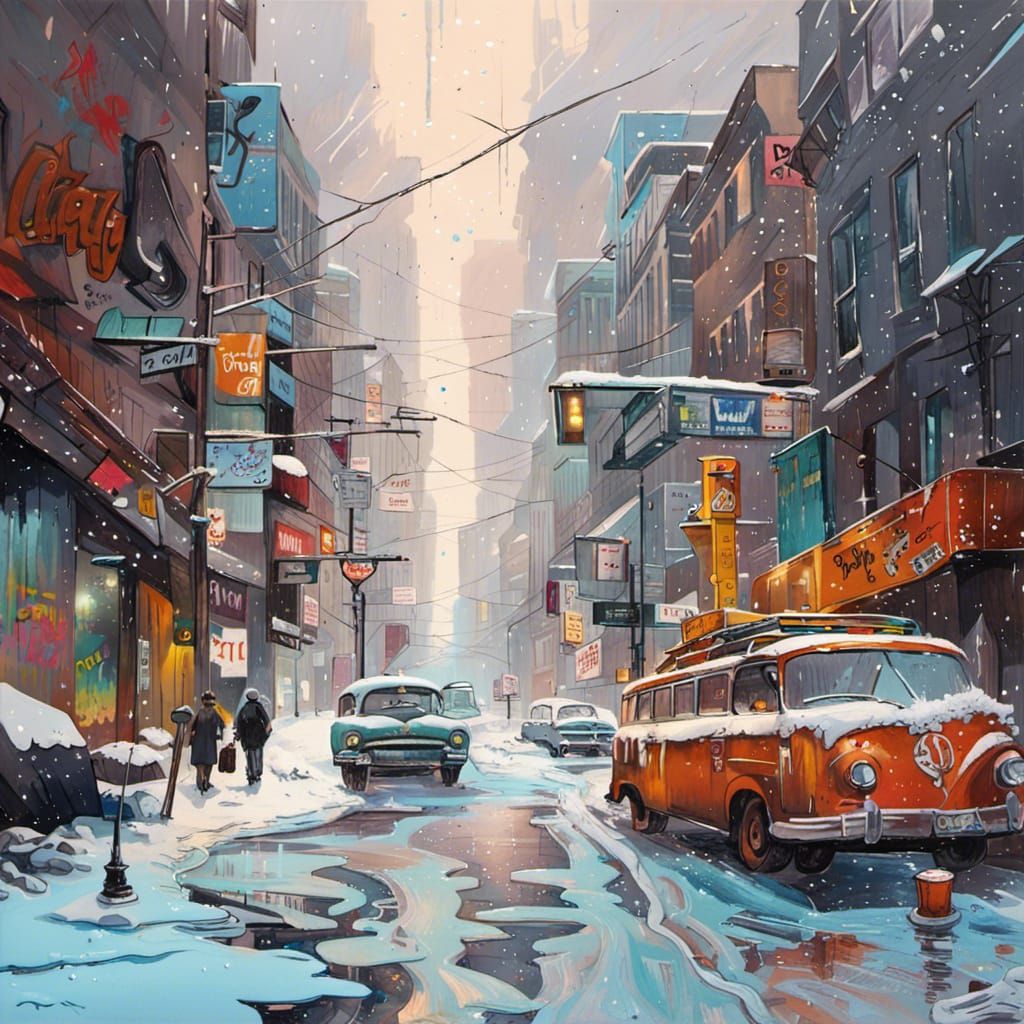 1960’s City downtown, covered in ice, snow falling, snowy and icy roads, icy landscape, graffiti art, ...  by @Faith