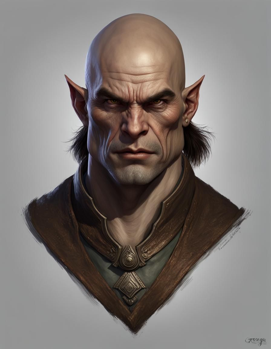 friendly male half-orc, short tusks, bald, formal clothing, Beautiful ...