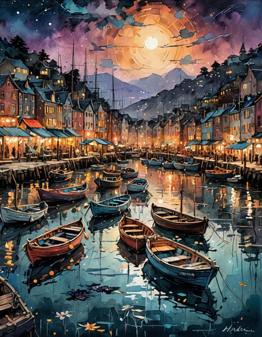 Exquisite impasto style painting:: Beautiful colony of  boat...