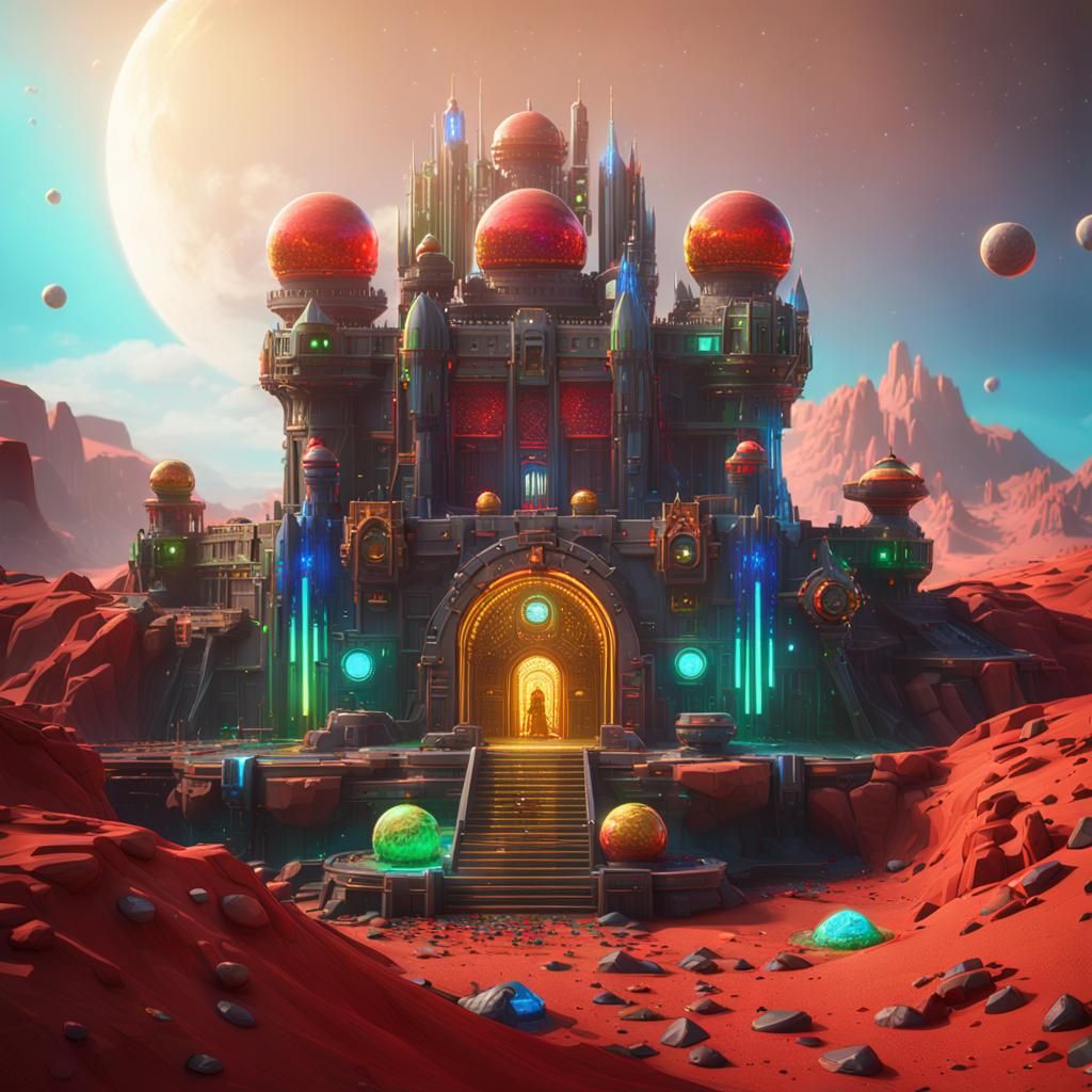 Beautiful martian castle with coloful jewels red, blue, gree...