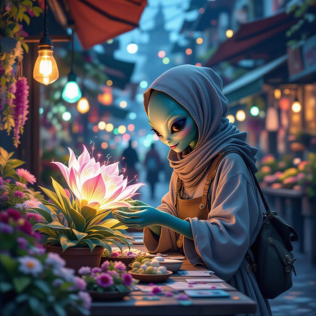 Alien Market. Romantic Watercolor. A single, exotic alien flower with bioluminescent petals is displayed ...  by @Moonflowerrose