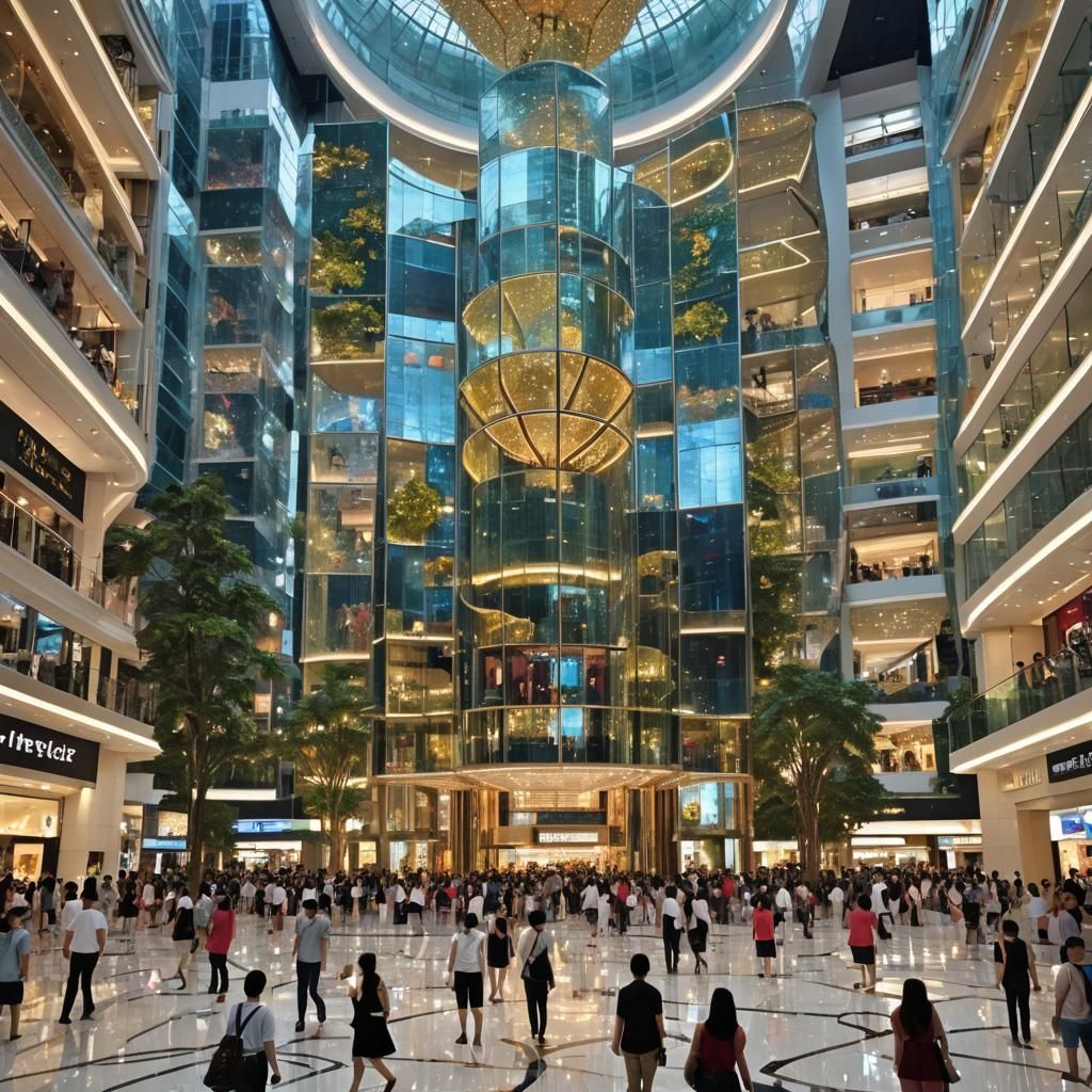 A crowded mall in Bangkok, Thailand showcasing beautiful modern architecture and layout, insanely high resolution, realistic