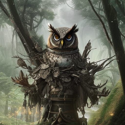 Owl in armor in the forest