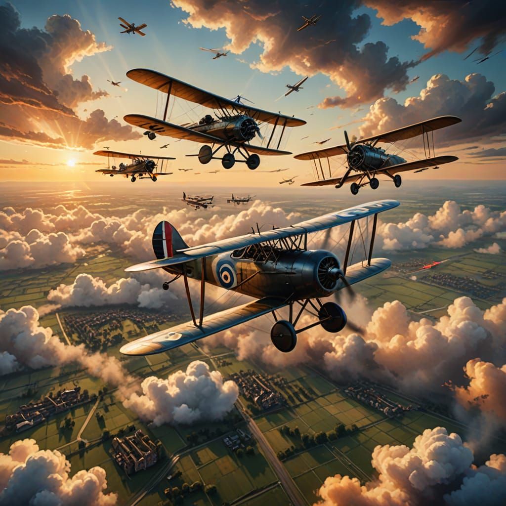 
Hyper-detailed WW1 biplanes in combat, ropes and canvas wings visible, clouds swirling, pilots in open cockpits, gunfire and smoke, realist...