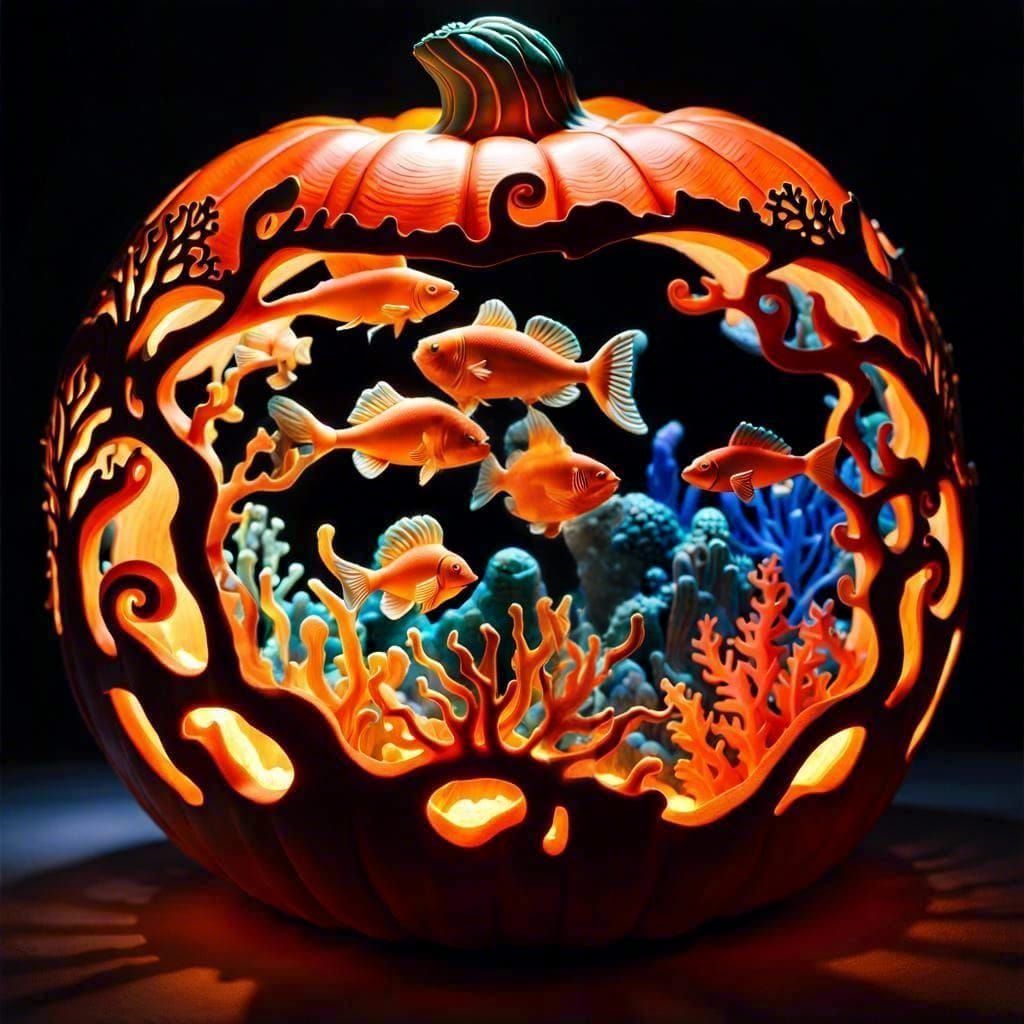 Coral and fish carved into a pumpkin with scorch carvings and multicolored lights inside  by @James