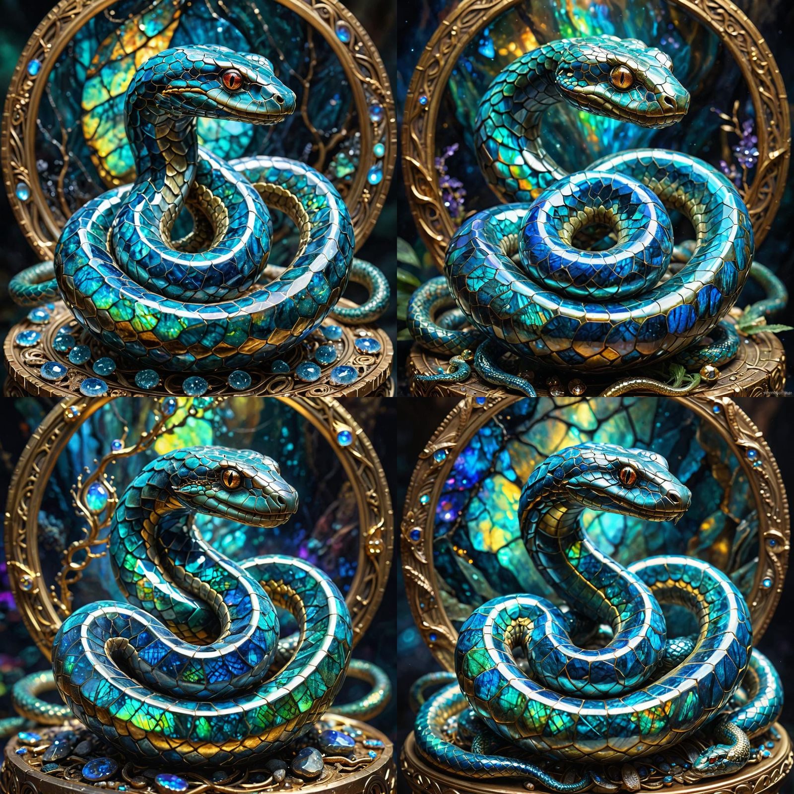 an cute labradorite and opal kintsugi snake; translucent luminous scales;  hyperdetailed, 64 megapixels, 8K resolution, ...