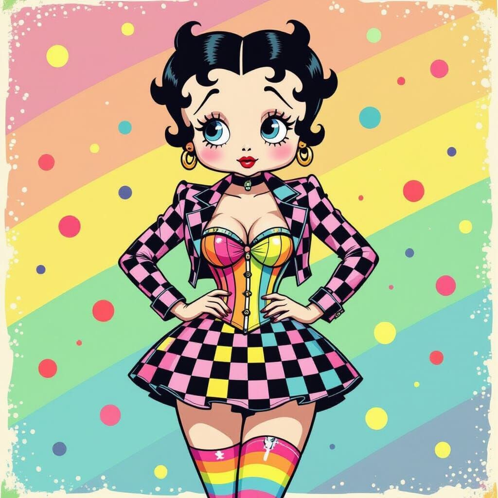 A cute Betty boop type character in polka dots checks and stripes. Rainbow striped thigh high tights, ...  by @Mistymaywrite