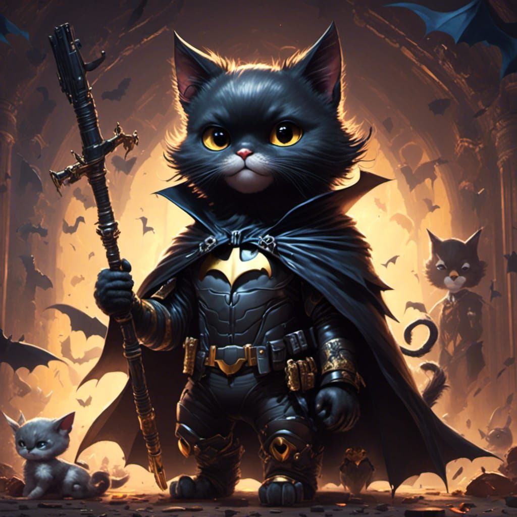 <lora:firey:1.0> a cat; dressed as batman, concept art, pain...