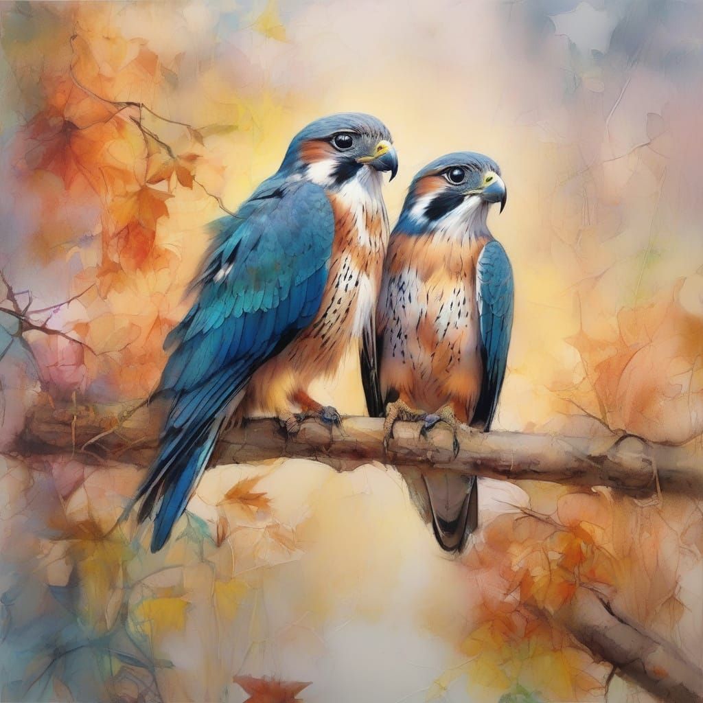 "Two fluffy baby falcons snuggle serenely on a gnarled branch draped in delicate winter leaves. Their ...  by @Pinto