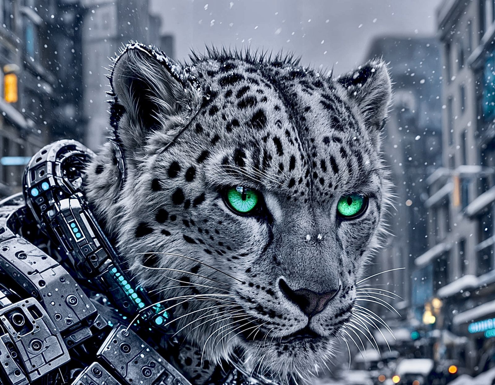 Snow leopard cyborg in the city