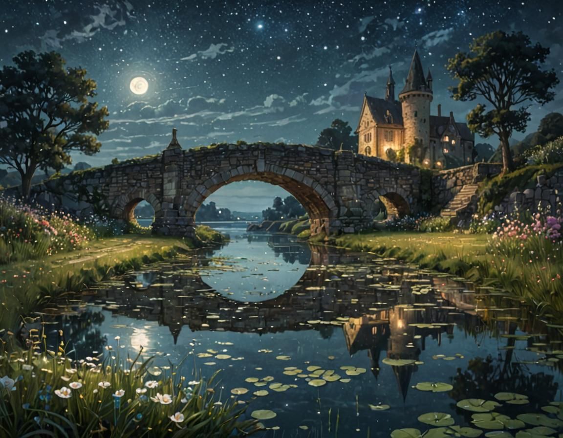 A stone bridge leading to a medieval mansion  by @Adab Sur Dum