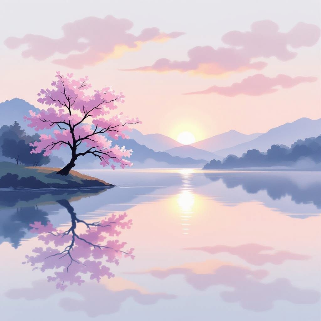 Serene Dawn Lake Reflection with Cherry Blossom