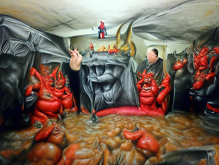 Satan holding court in the bowels of hell