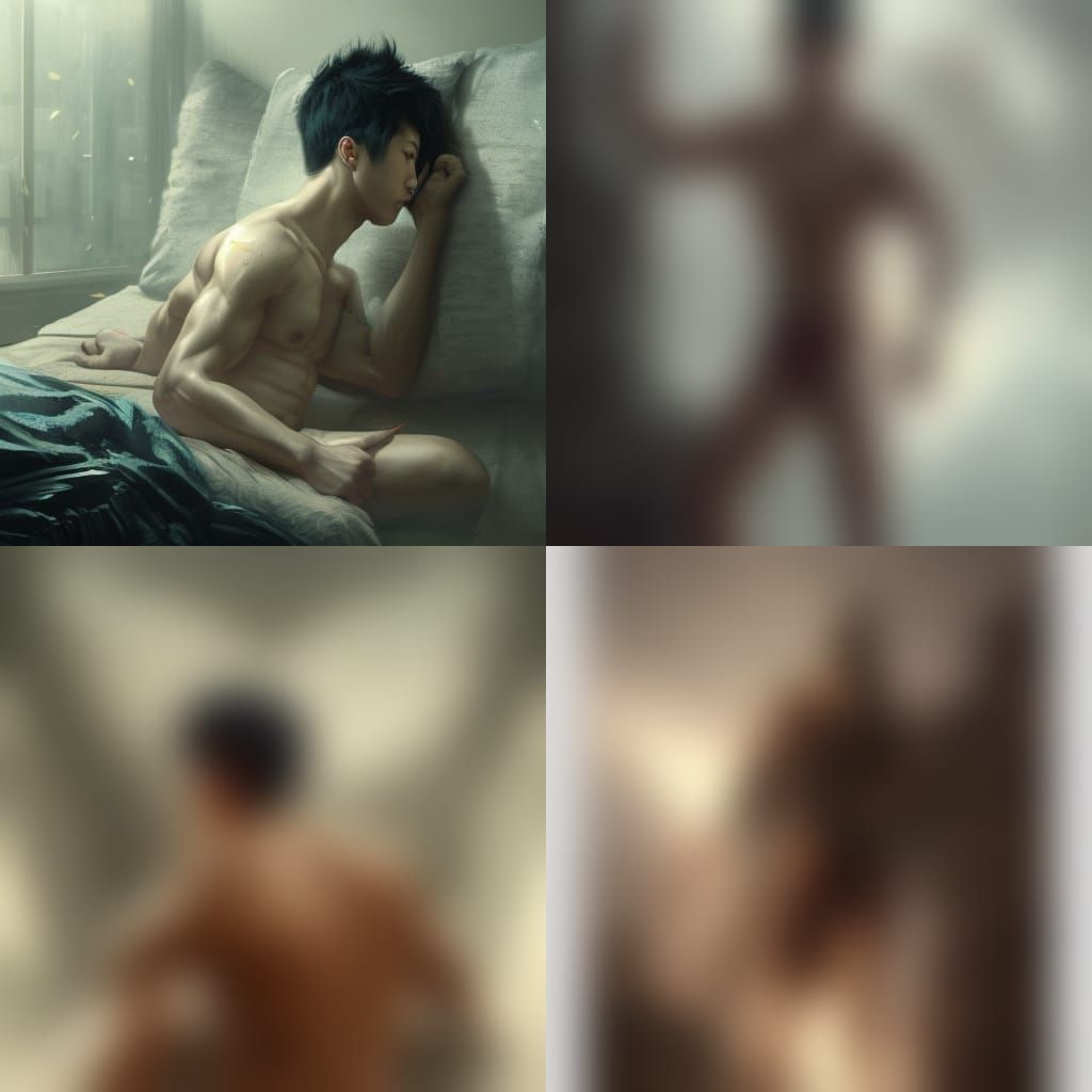 adolescent male asian, muscular,in bed, very detailed, under...