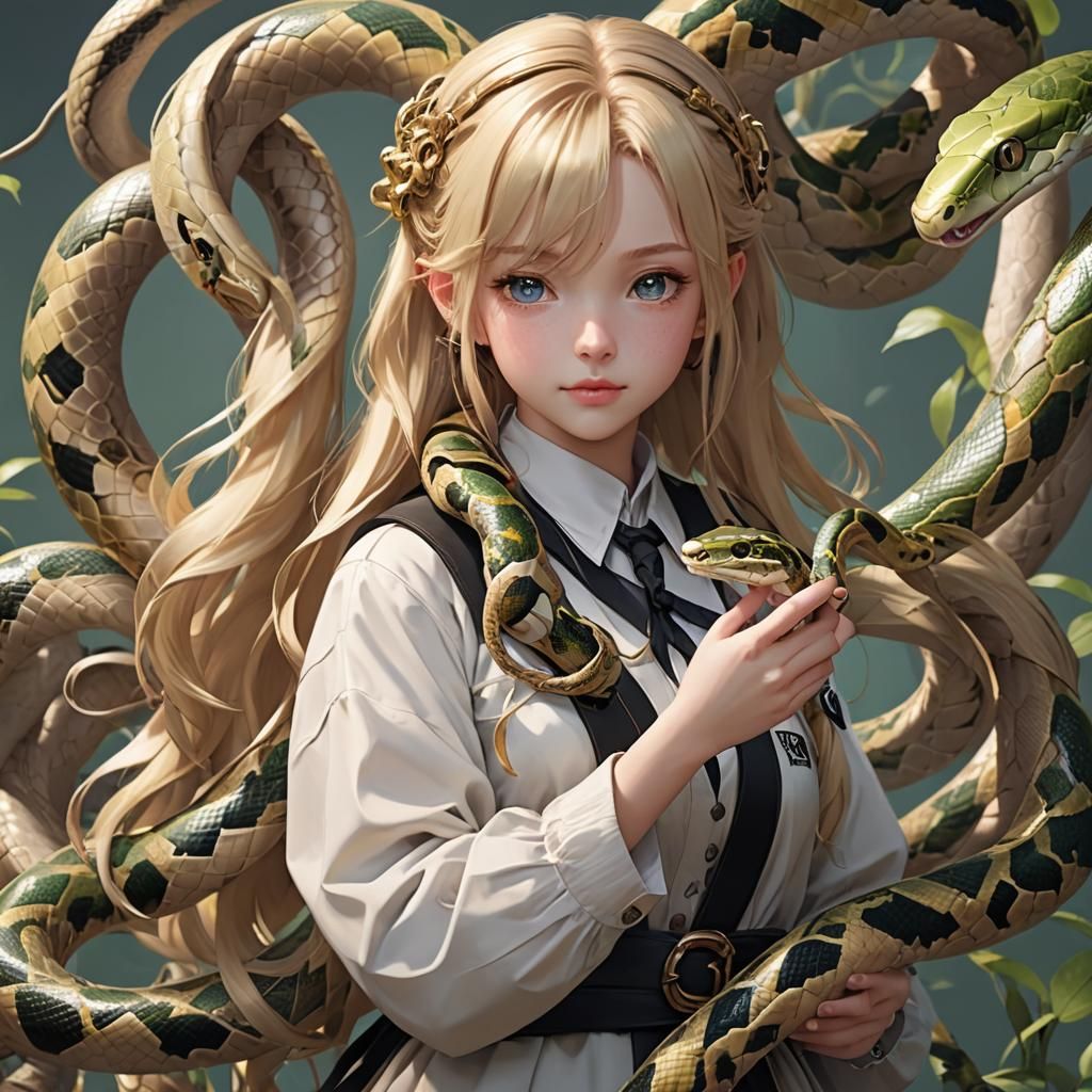 Blonde Woman Holding Snake: 3D Anime Art