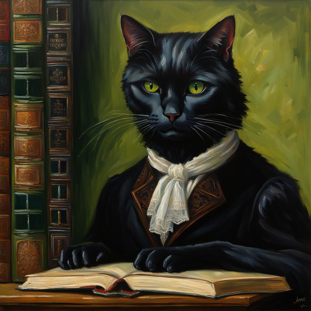 victorian library black cat green eyes books bookshelves old...