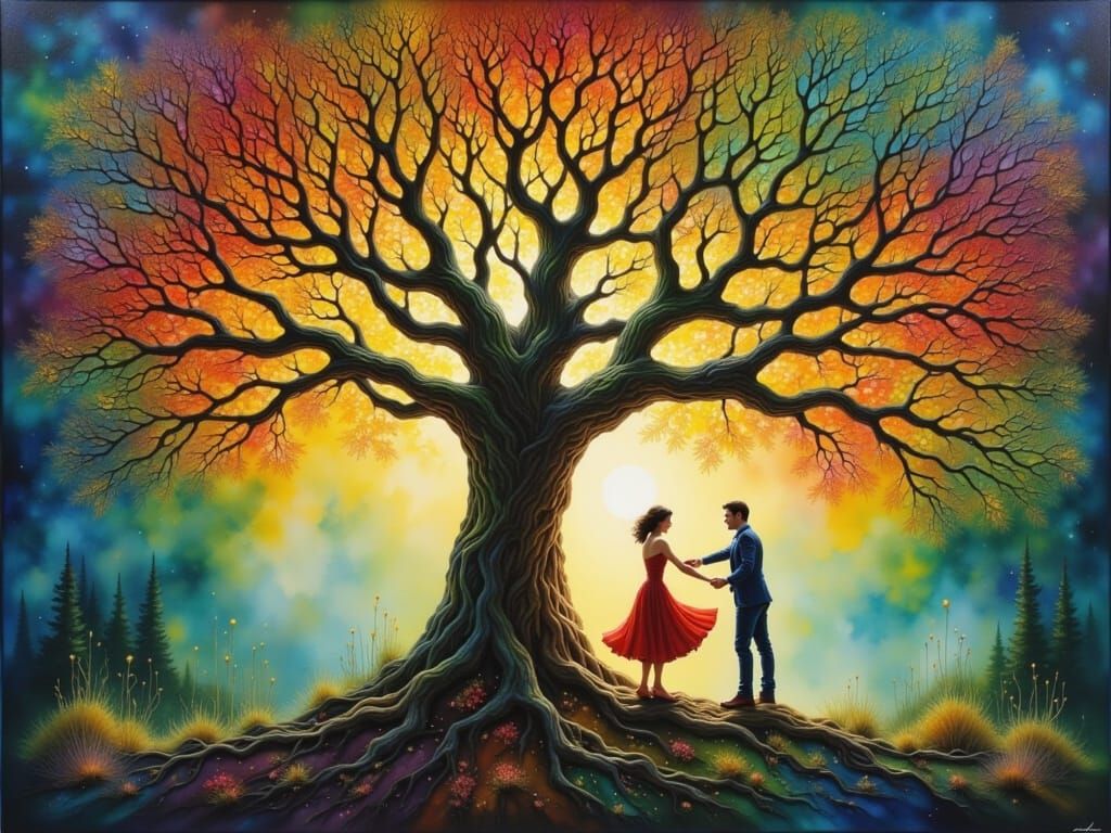 <lora:PR AlcoholWCGlass:1.0> <lora:Stylized oil paint:1.0> Dancing under the tree of life