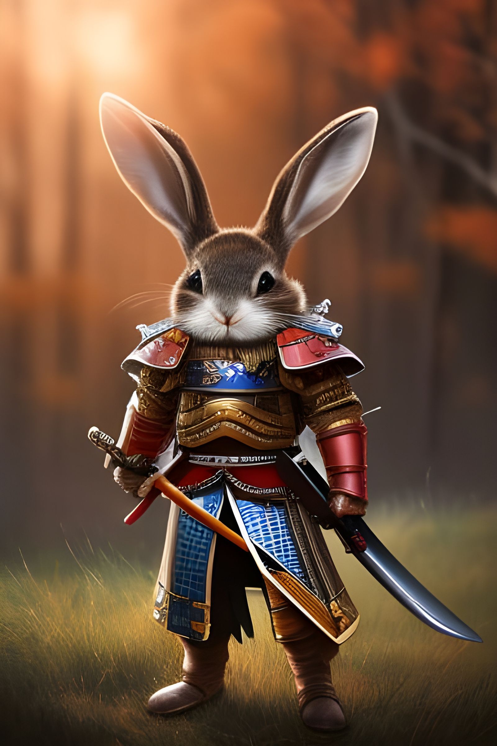 anthropomorphic rabbit wearing a samurai armour and a sword ...