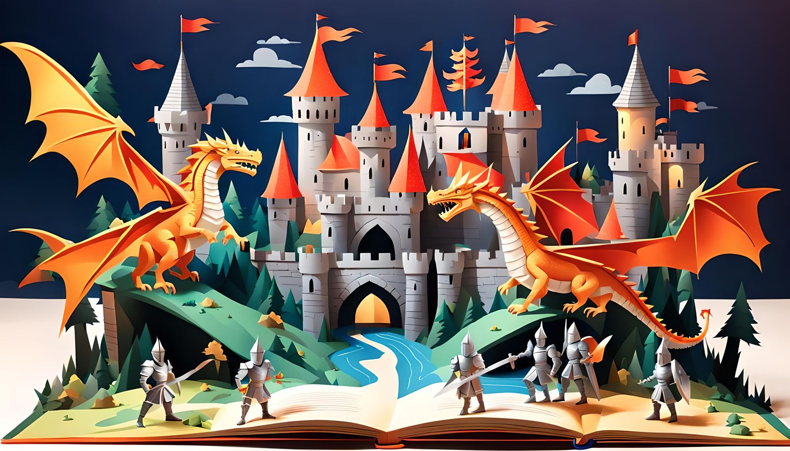 Fantasy world with Castle, Knights, and Dragons coming out of a pop-up book.   by @grescokit