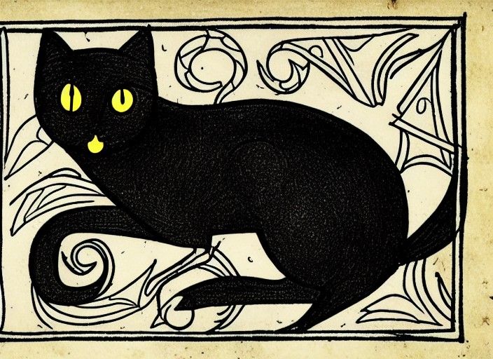 medieval line art of aquatic black cat