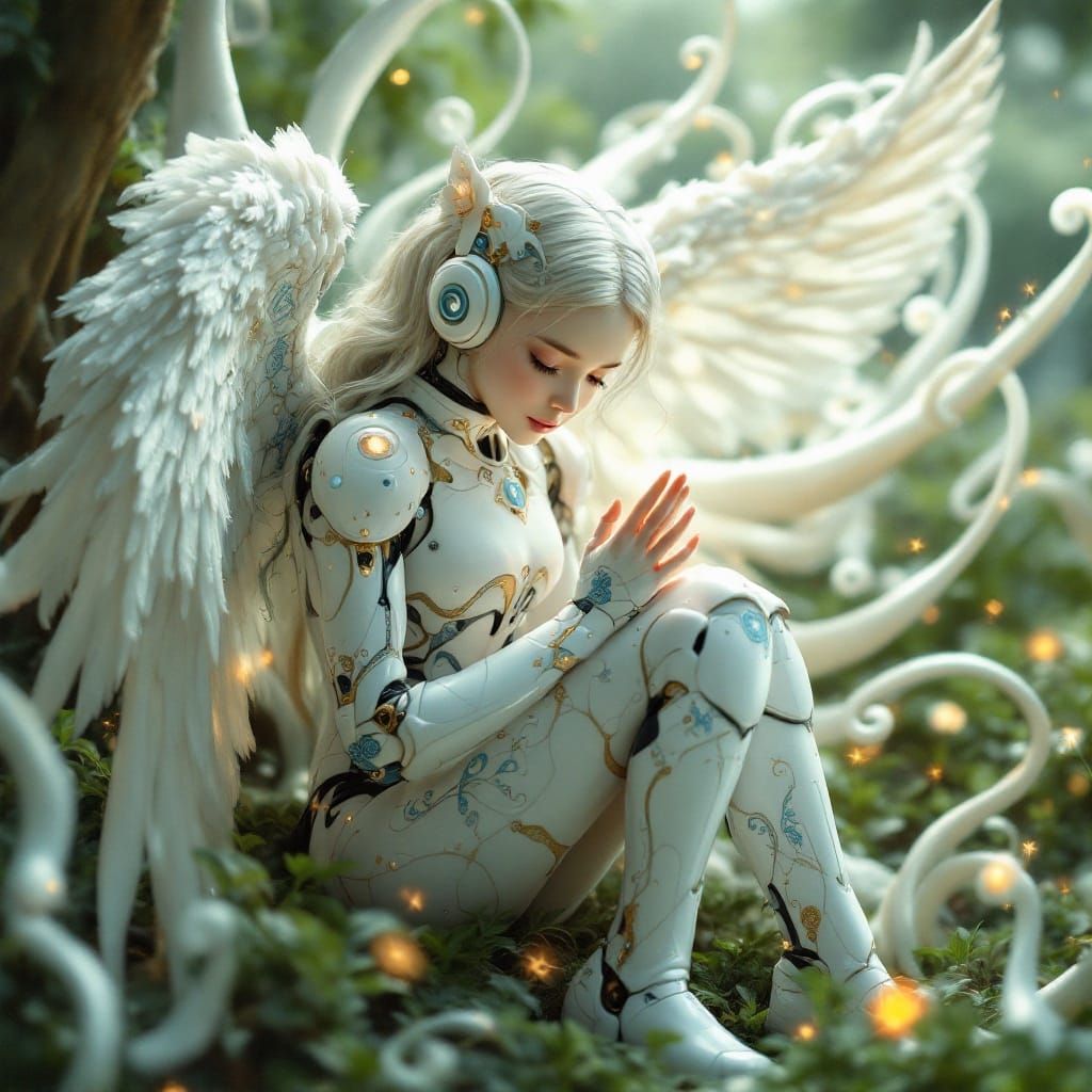 Angelic Robot Maiden in Whimsical Futuristic Landscape