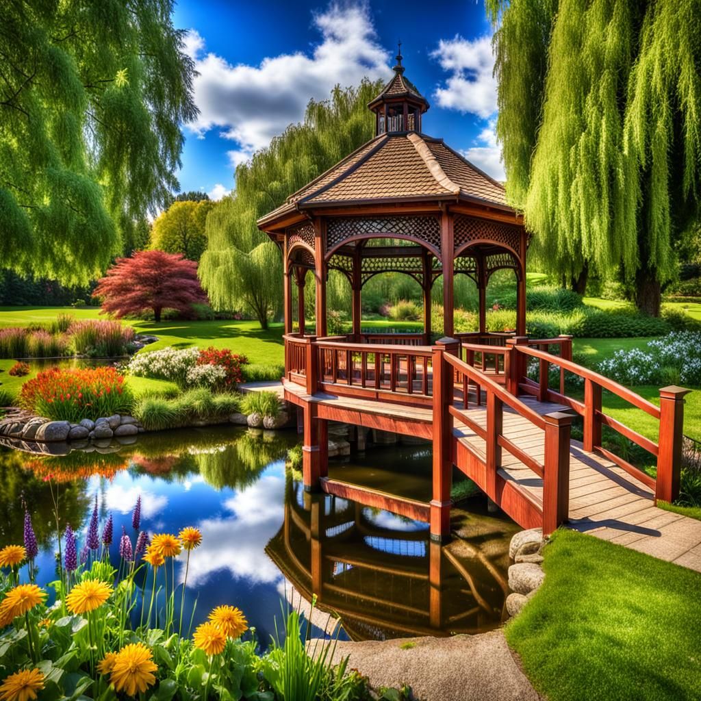a wooden gazebo and a bridge in a garden park with trees and flowers. Also, a pond and a walkway leading to it and a grassy area with a smal...