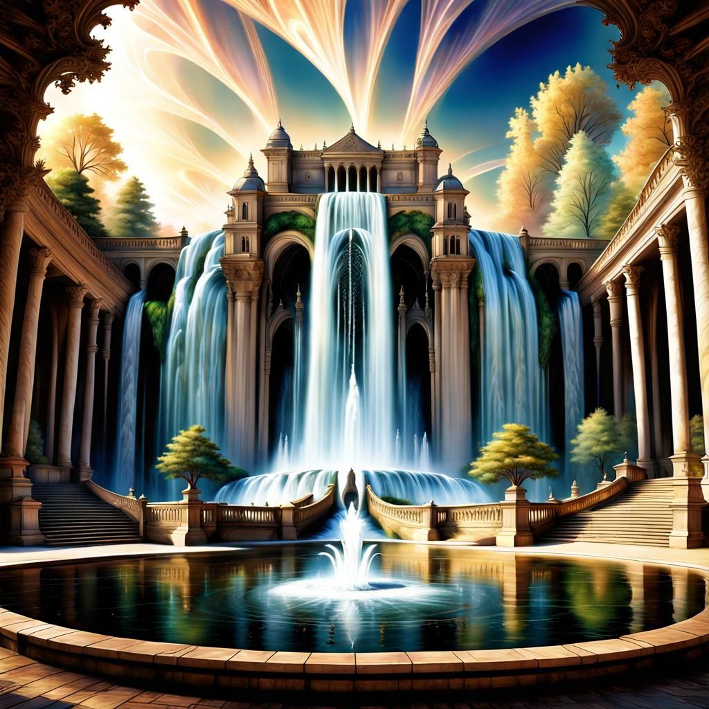 A grand waterfall situated within a park, depicted in fantas...