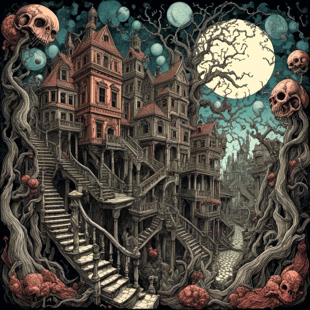 Horror, Colored Ink Artscape inspired by a mix of MC Escher and Edgar Allen Poe, hyperdetailed. <lora:Eschers Poe:1.0> 