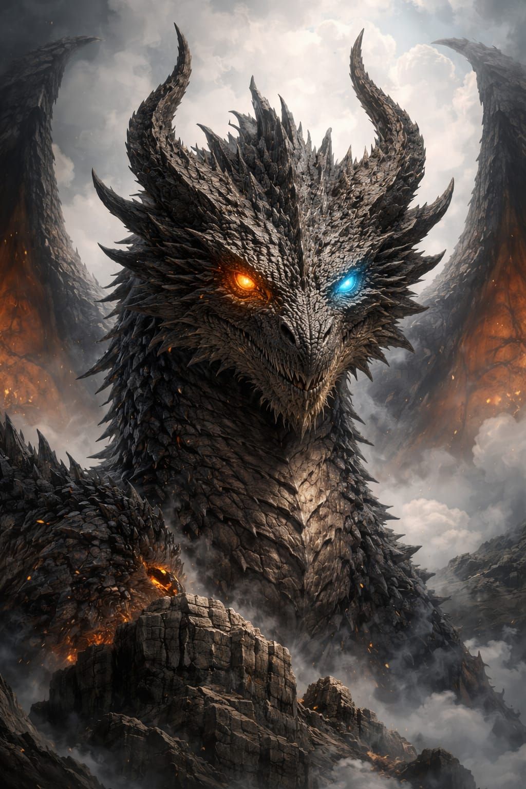 an image of an ancient colossal dragon that has heterochromia