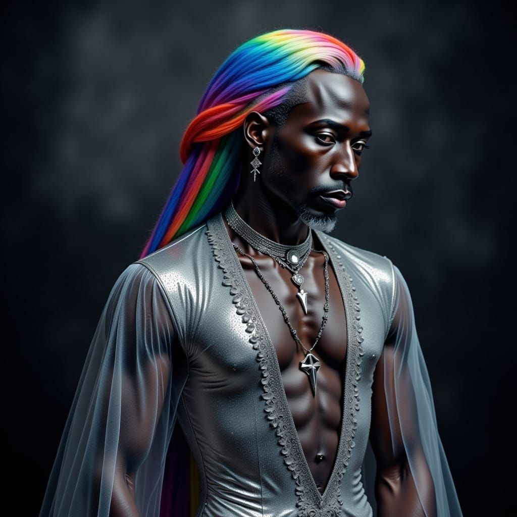 <lora:Princess Intensity:1.0> Elderly old black man, black skin man, black man in a dress, african man,  in a silver evening gown,  black sm...