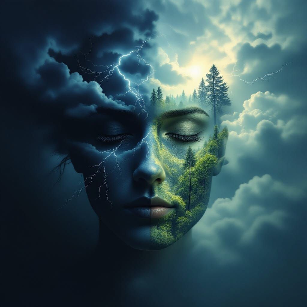 A dramatic eclipse forms at the center of a human face, half in shadow, half illuminated. The shadowed ...  by @Lilly