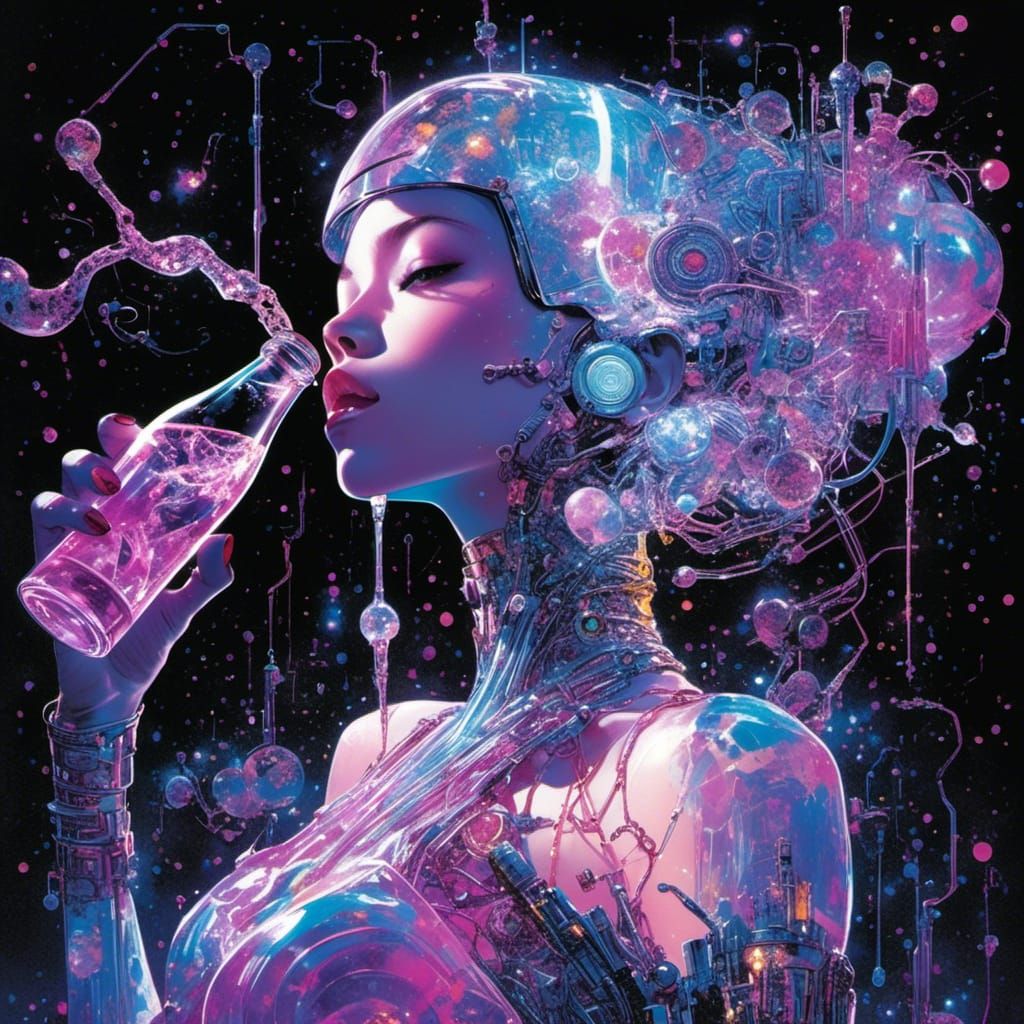 <lora:cMark:1.0> maximalism science fiction cover illustration : very close up on a woman cyborg drinking, dynamic pose, thin circuits, yoh...